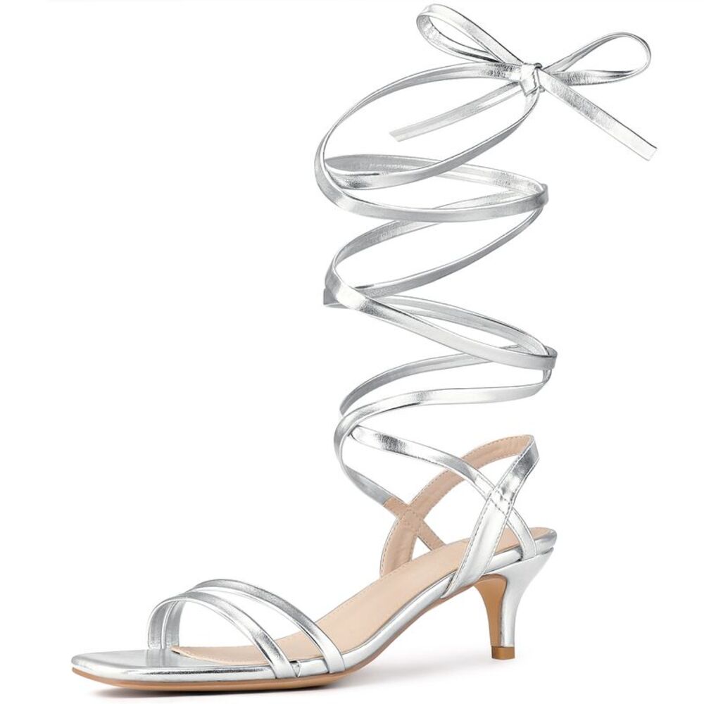 Strappy Lace Up Slingback Kitten Heel Sandals Silver